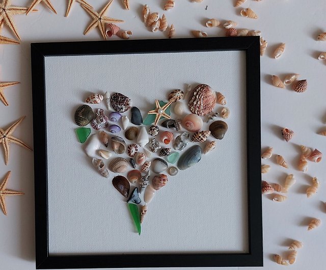 Small picture heart shell sea glass pebbles. SeaShell Art. Shell