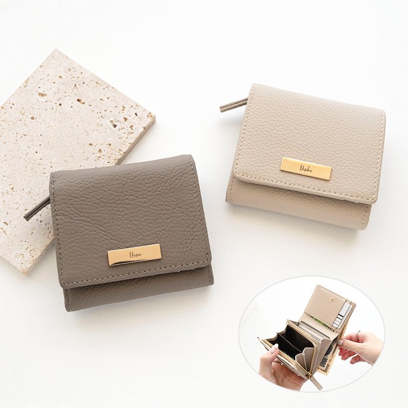 L型零錢包錢夾 【 牛革 質感 姓名飾牌 刻印 】 皮夾 防盜刷 輕巧 文字刻印 HR54U - 銀包 - 真皮 咖啡色