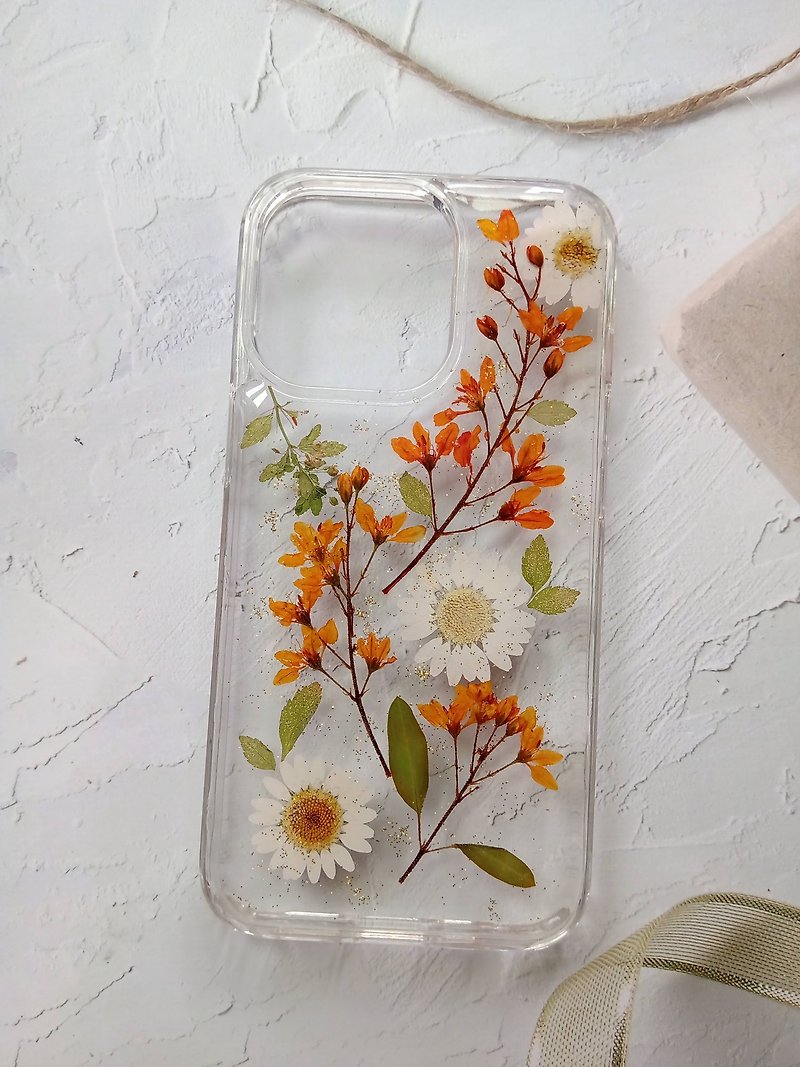 Pressed flowers phone case | iPhone 13 Pro | Gift for Her - Phone Cases - Plastic Orange
