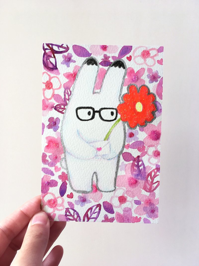 Bunny lover hand-painted original painting illustration card postcard - การ์ด/โปสการ์ด - กระดาษ สีม่วง