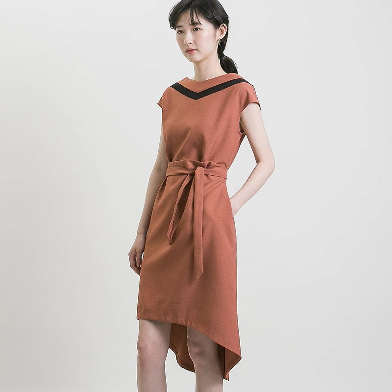 Accidental_Long dress before and after accidental stitching_9SF106_Autumn Maple Brown - ชุดเดรส - ผ้าฝ้าย/ผ้าลินิน สีส้ม
