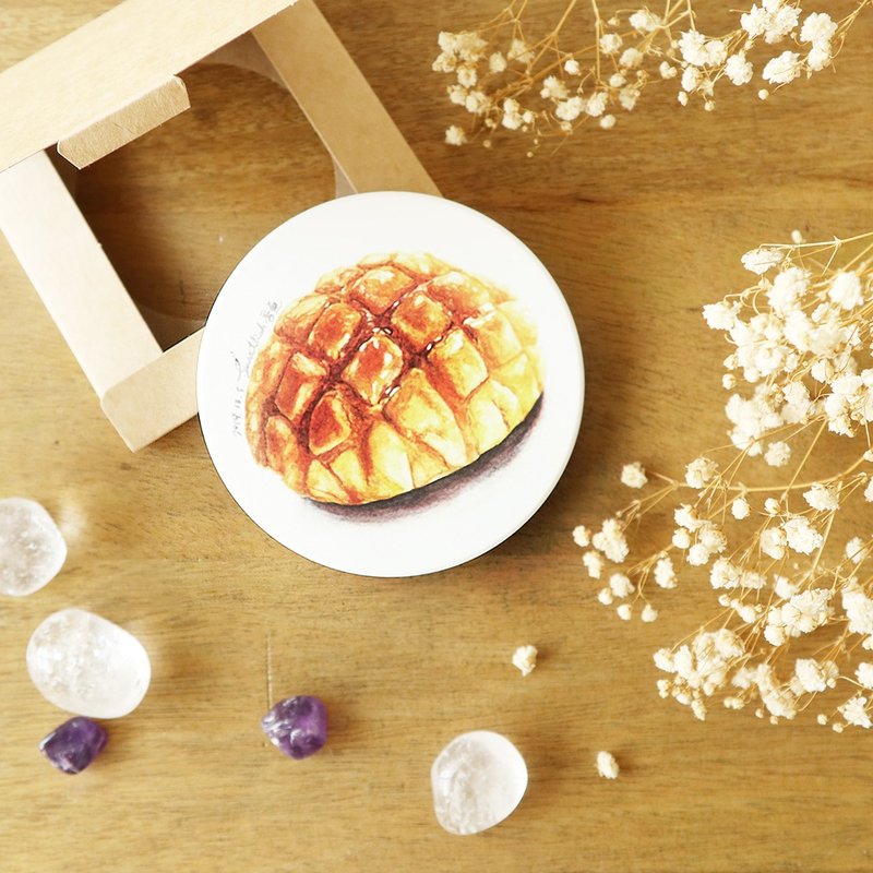 Pineapple Bun illustration coaster/ Ceramic absorbent coaster/ round coaster - ที่รองแก้ว - ดินเผา สีส้ม