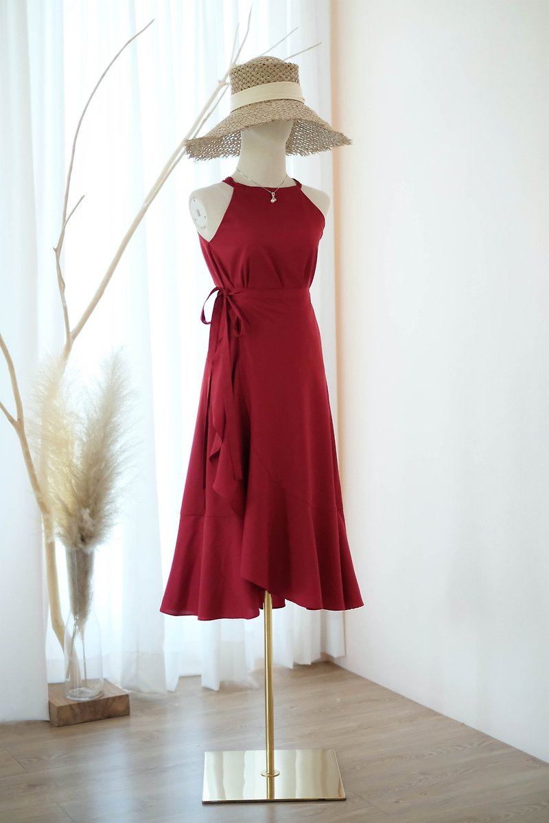 Blood Red Dress Red dress Set of bridesmaid dress summer wrap top and skirt - 連身裙 - 聚酯纖維 紅色