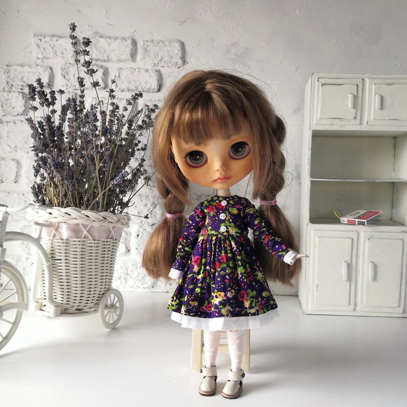 Purple dress handmade. Dress Blythe doll. Clothes doll. Outfit Blythe doll - ตุ๊กตา - ผ้าฝ้าย/ผ้าลินิน 