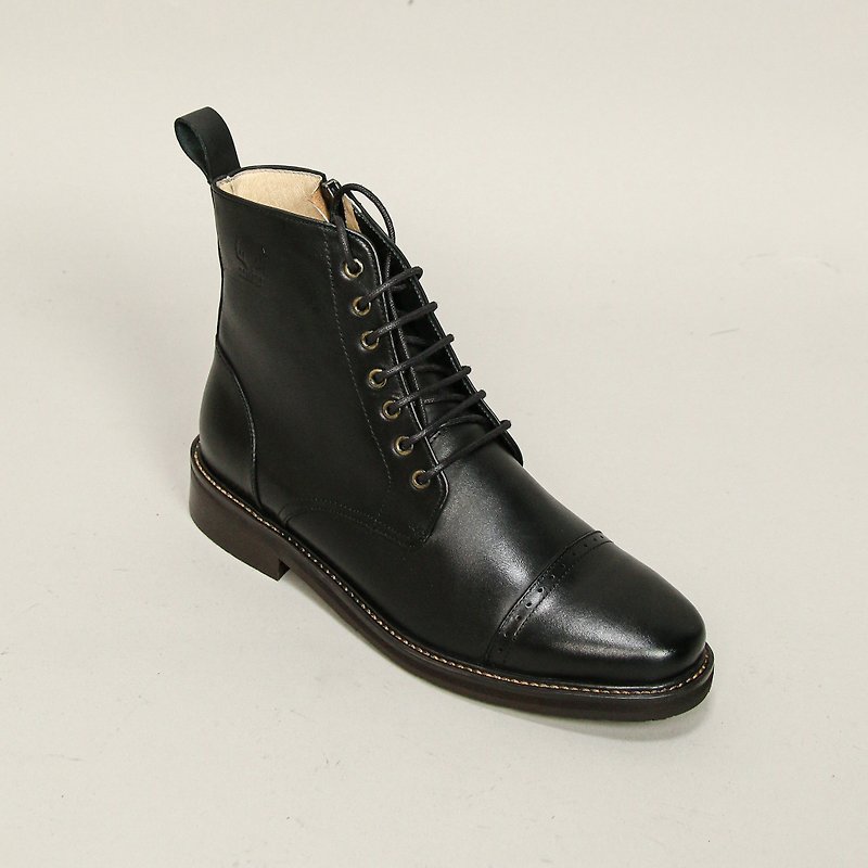 Simple horizontal decoration military boots for women/black/289C last - รองเท้าบูทสั้นผู้หญิง - หนังแท้ สีดำ