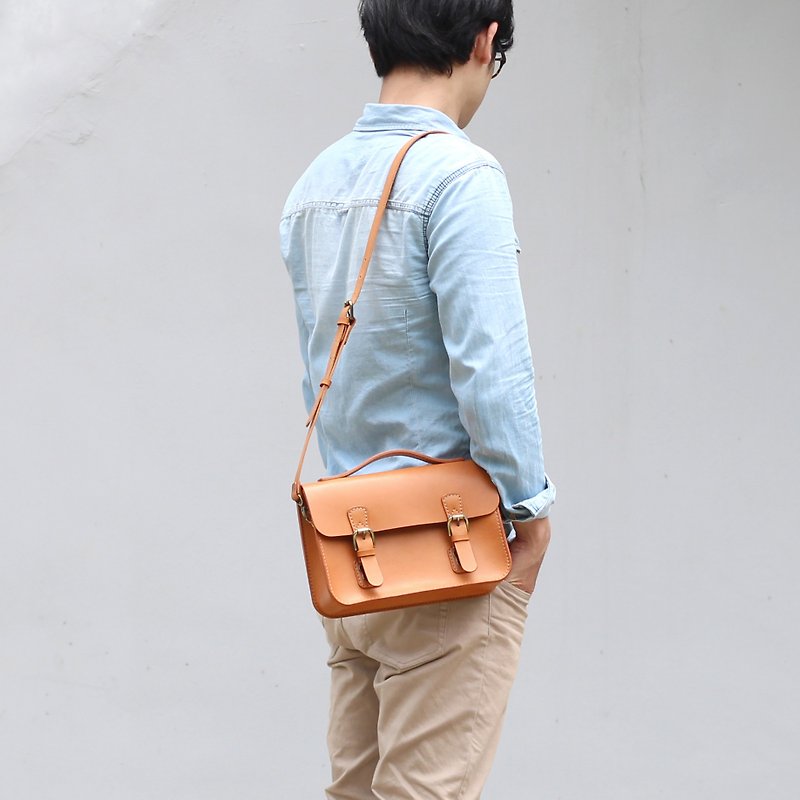 Double Button Small School Bag/Side Backpack--Camel Yellow - Messenger Bags & Sling Bags - Genuine Leather Orange