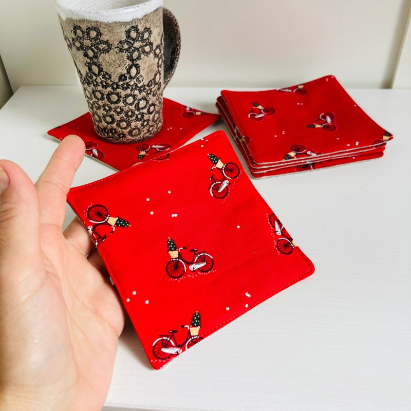 New Year's Eve coaster Set of 6 Linen-cotton coasters 11.5 x 11.5 cm - 杯墊 - 亞麻 紅色