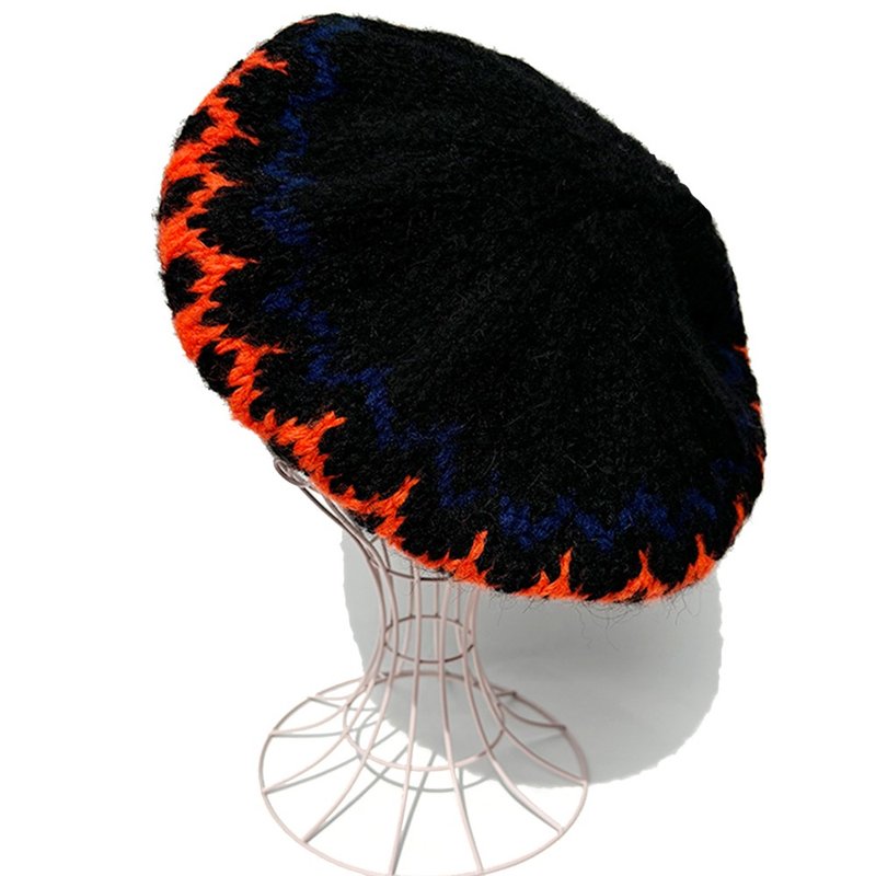 [Knit Tam] Nordic Knit Tam Beret ORANGE - หมวก - ขนแกะ สีดำ