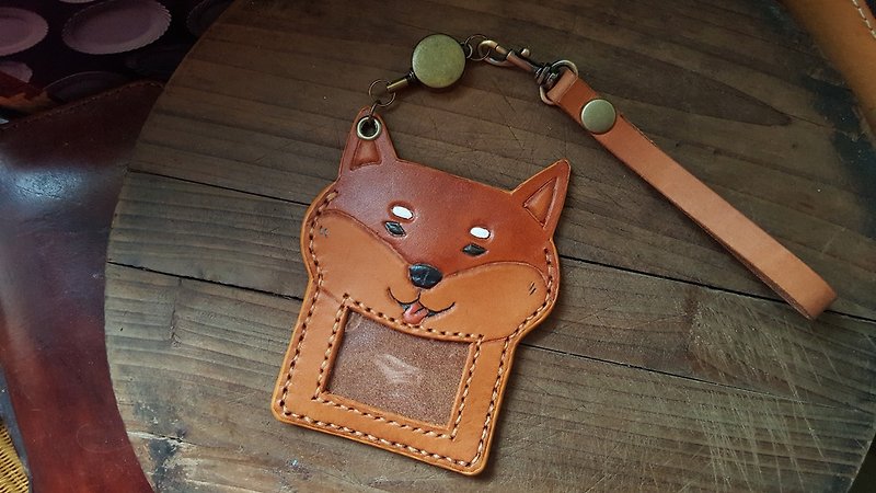 Packed with cute Shiba Inu pure leather retractable identification card holder-lettering on the back (birthday, Valentine's gift) - ID & Badge Holders - Genuine Leather Brown