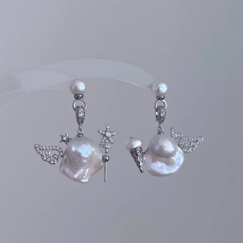 YuanPearl unique natural aurora baroque pearl earrings small monster pure silver earrings - ต่างหู - ไข่มุก ขาว