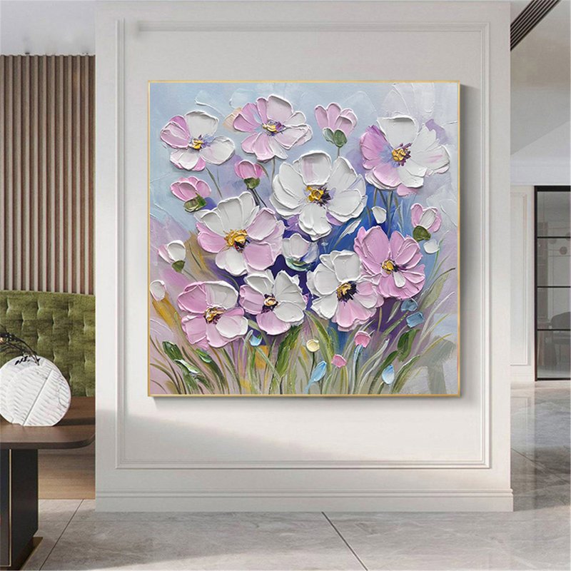 花語 手繪花卉裝飾畫肌理抽象畫餐廳客廳掛畫現代田園風治癒風 - 海報/掛畫 - 亞麻 粉紅色