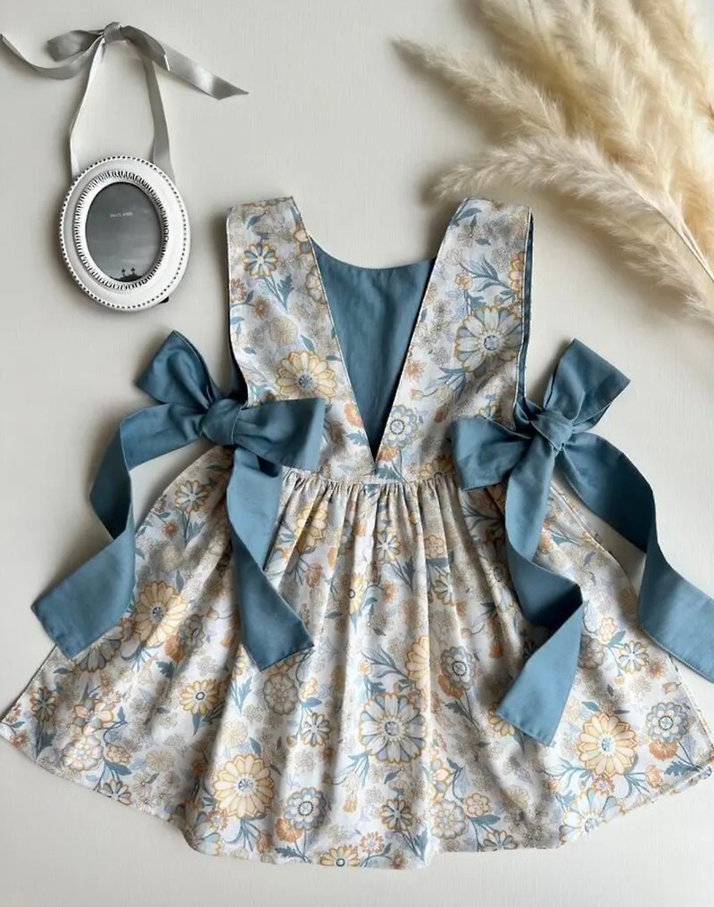 【 Dress suitable for ages 1 to 7 】 yellow / side ribbon dress / one size - Kids' Dresses - Cotton & Hemp Blue