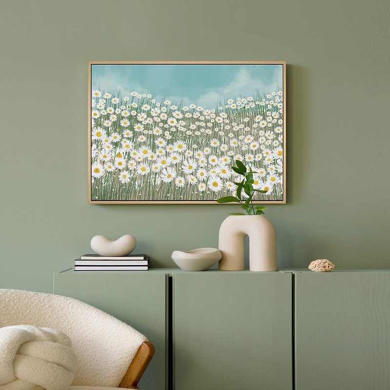 White daisy under the sky - Hand-painted crayon-like daisy hanging picture - Posters - Cotton & Hemp Green