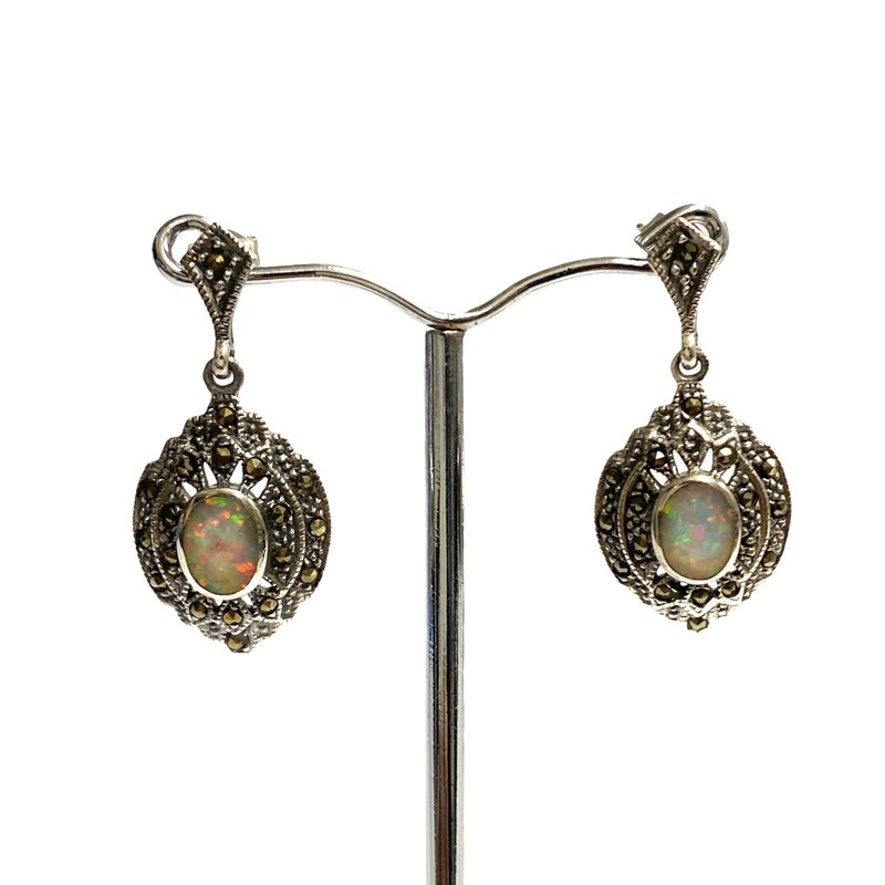 Victorian Style Fire Gilson Opal & Marcasite Stone Earrings 925 Sterling Silver - 耳環/耳夾/耳骨夾 - 純銀 銀色