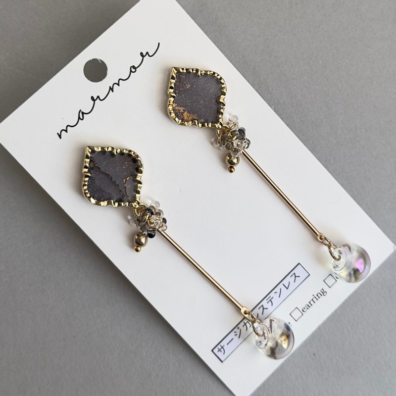 Gray Black Ink Art Earrings with Aurora Acrylic & Czech Beads – Long Bar Drop - Earrings & Clip-ons - Resin Gray