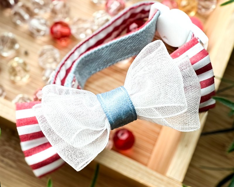 Red and white striped bow pet collar - ปลอกคอ - ผ้าฝ้าย/ผ้าลินิน 