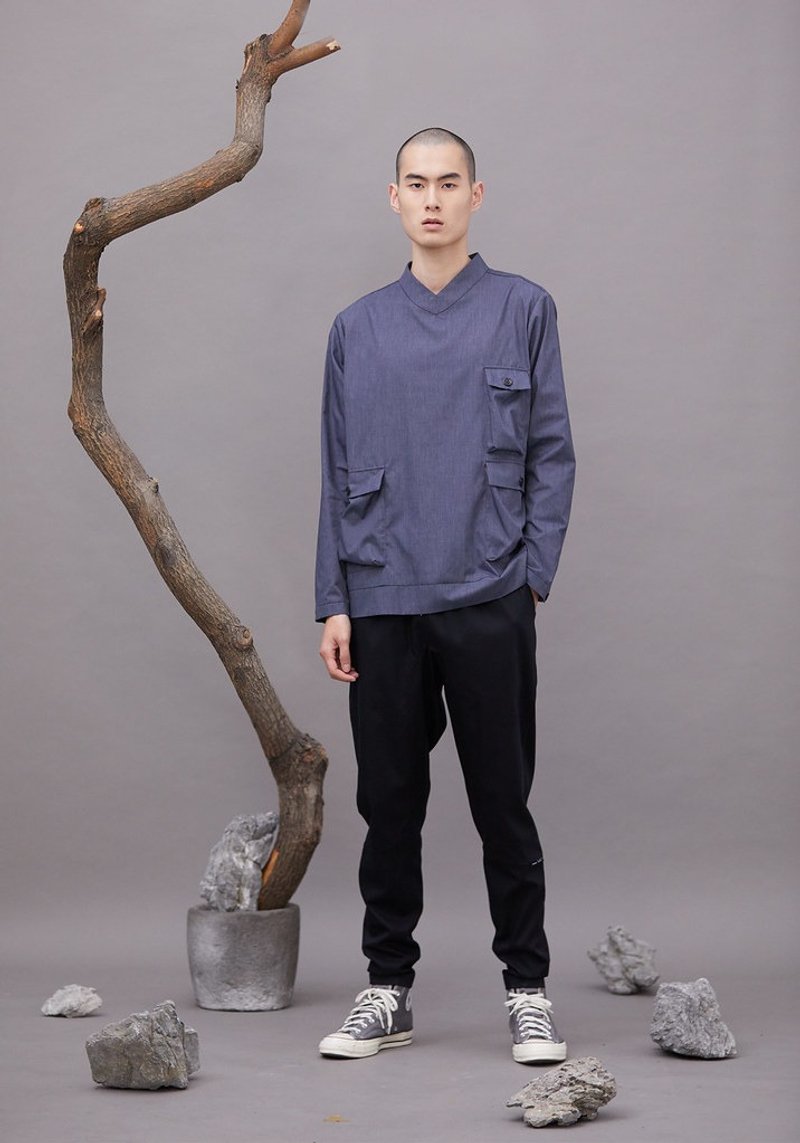 V型立領口袋上衣 - 藍灰 - 帽T/大學T - 環保材質 藍色