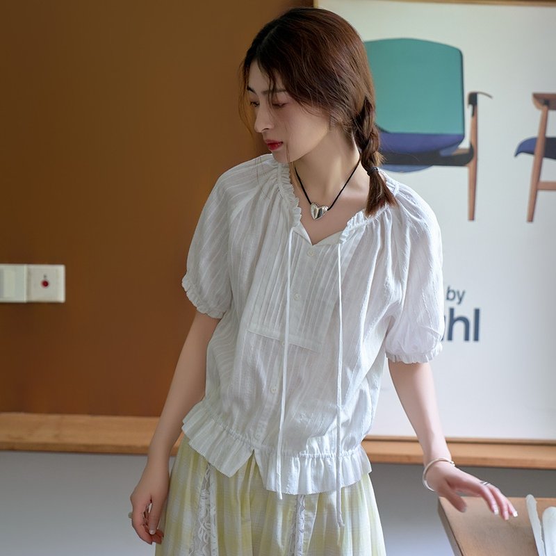 White round neck lace-up doll sweater|shirt|summer style|Sora-1544 - เสื้อเชิ้ตผู้หญิง - ผ้าฝ้าย/ผ้าลินิน ขาว