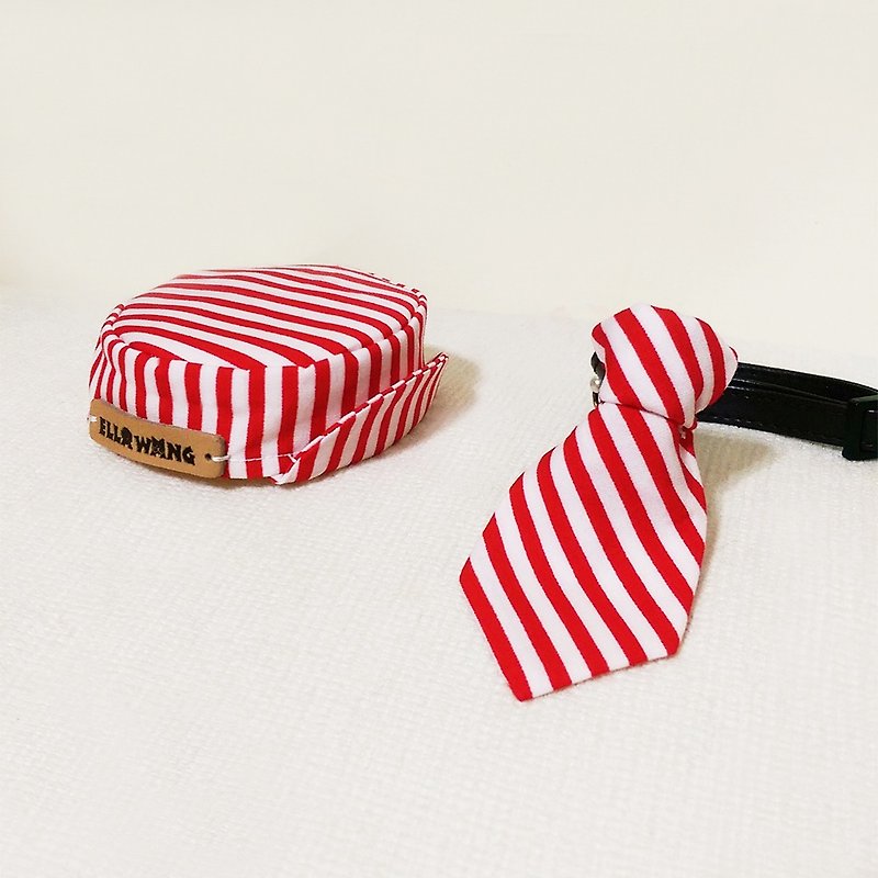 Ella Wang Design Hat Cap + Tie Tie Cat and Dog Red and White Stripes Set - ชุดสัตว์เลี้ยง - ผ้าฝ้าย/ผ้าลินิน สีแดง