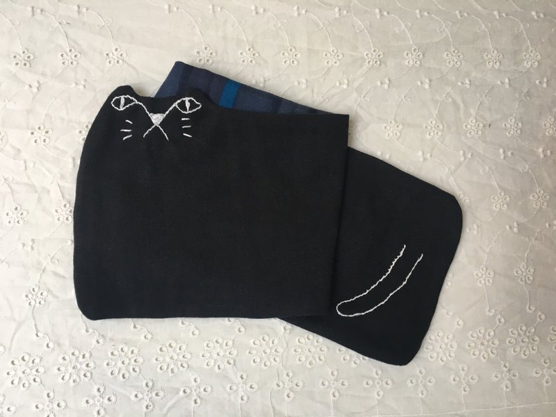 長長黑貓刺繡日本二重紗手帕-1枚入 - 手帕 - 棉．麻 