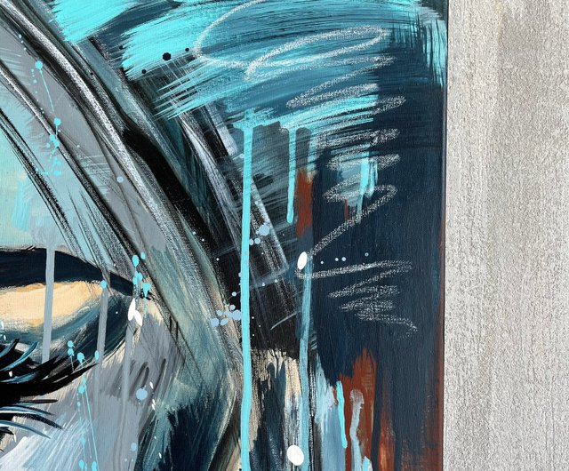 キャンバスに描かれた表情豊かな女性の顔の絵画 女性の肖像画 ドリップ