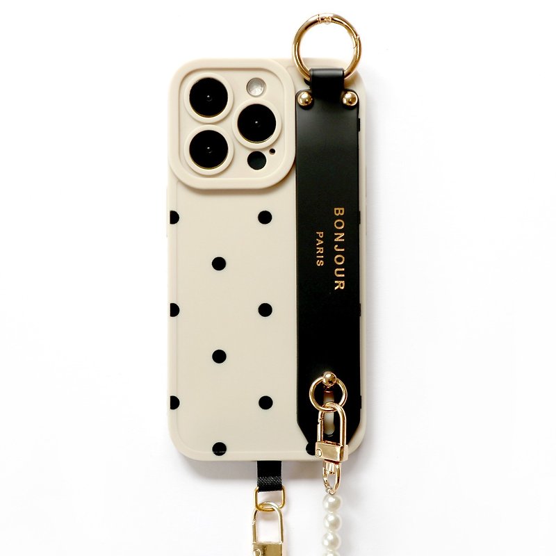 iPhone15/14/13/12 cream black dot 3-in-1 small fragrant pearl chain bracelet mobile phone case (with chain) - เคส/ซองมือถือ - พลาสติก สีกากี