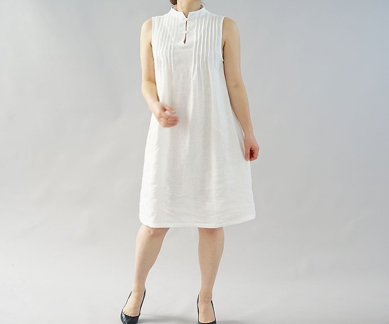wafu - 純亞麻衬裙 Lightweight Linen High-neck Inner Dress / White p001a-wht1 - ชุดเดรส - ลินิน ขาว