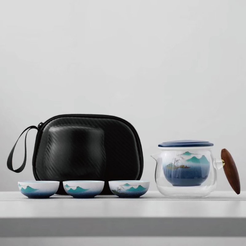 Landscape Snow Glaze Travel Tea Set | Solid Wood Handle One Pot 3 Cups 250ML - Teapots & Teacups - Pottery White