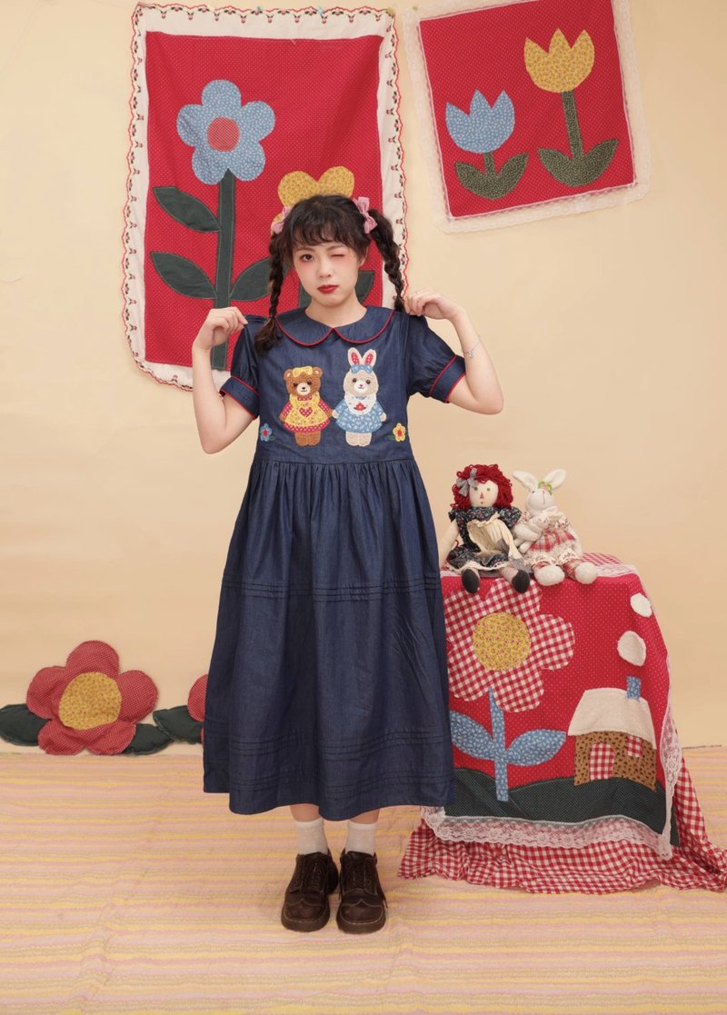 Vintage girly hand-pleated doll collar denim dress - ชุดเดรส - วัสดุอื่นๆ สีน้ำเงิน