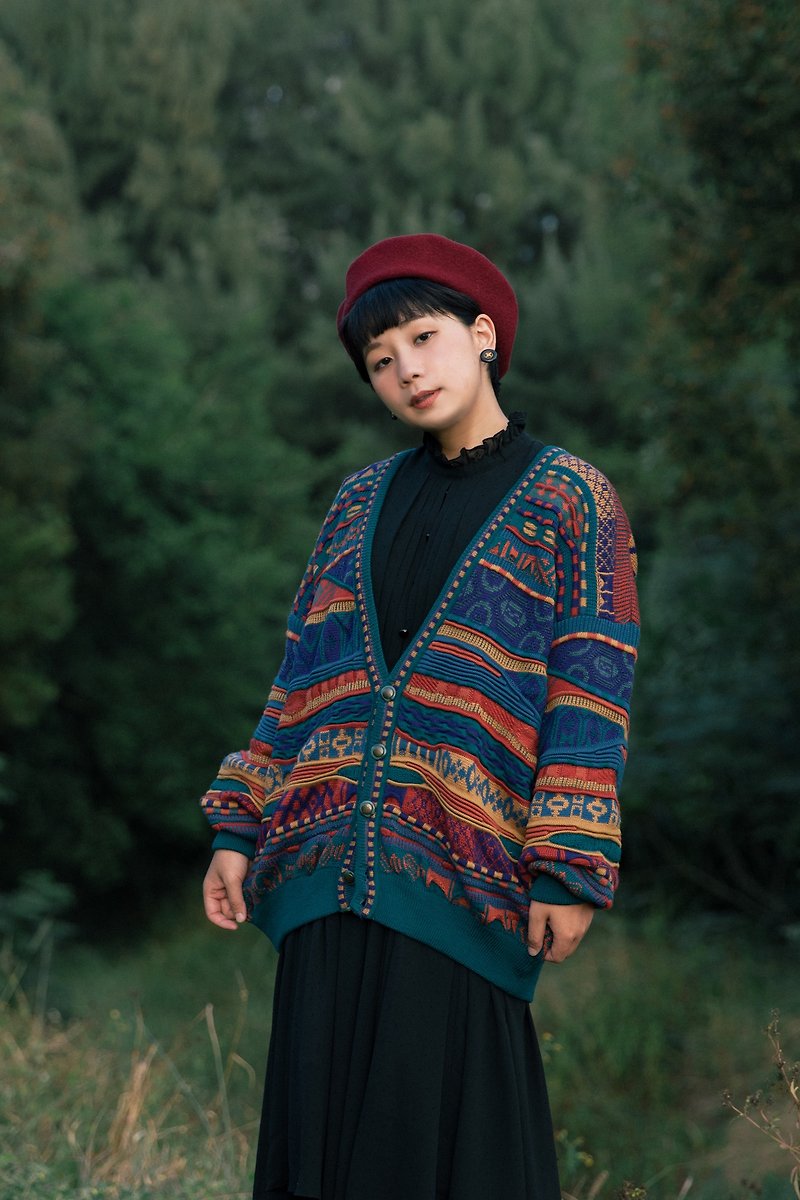 Awhile | Vintage Three-dimensional Textured Sweater Jacket no.3 - Women's Sweaters - Wool Multicolor