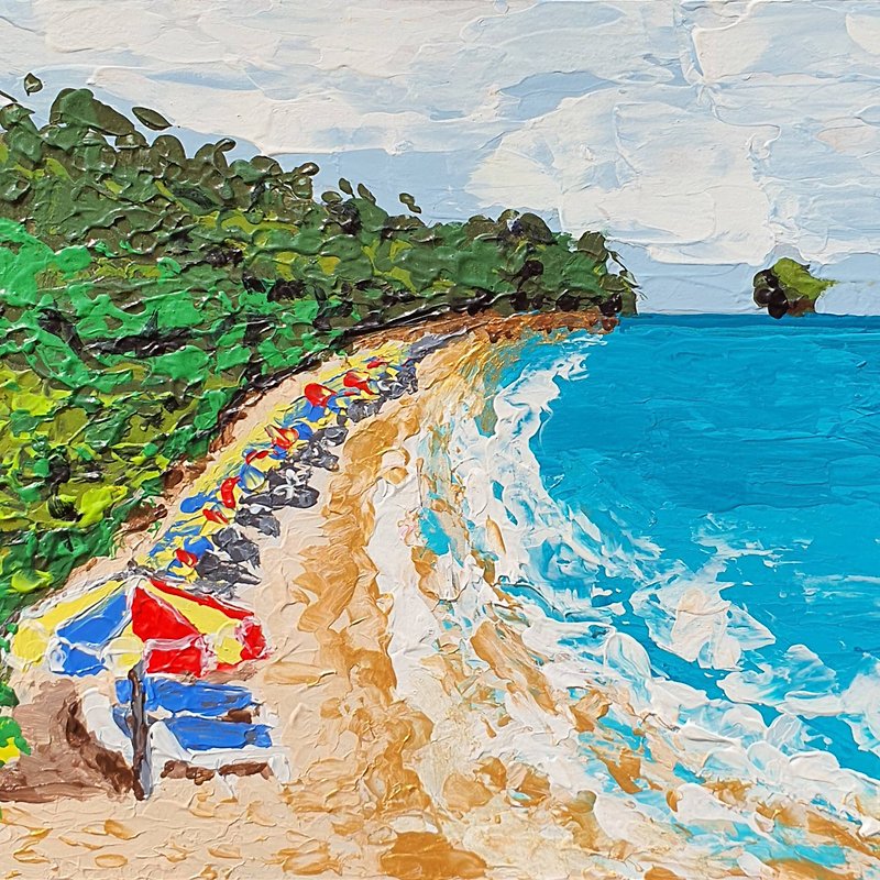 Umbrella Painting Beach Seascape Original Deck Chair Wall Art Holidays Recliner - 掛牆畫/海報 - 其他材質 多色