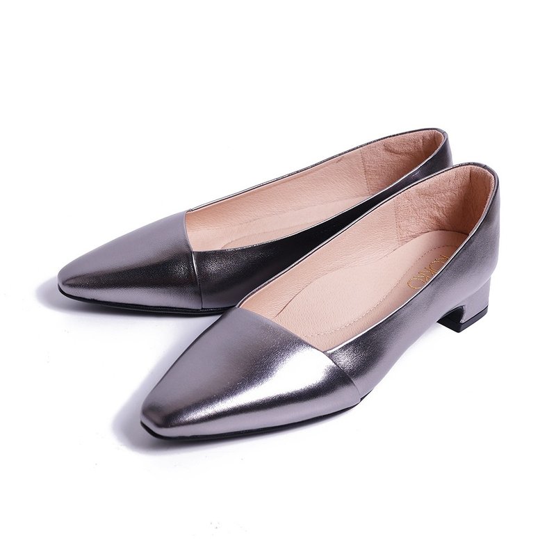 氣質拼接感柔軟粗跟包鞋古銀色 - 高跟鞋/跟鞋 - 真皮 銀色