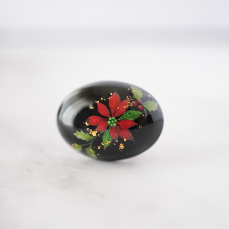 天然石黑瑪瑙與聖誕紅、金箔的飾物扣 髮簪扣 胸針 聖誕節 成人式 - 心口針/胸針 - 寶石 黑色