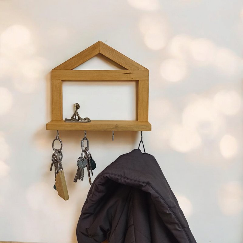 Handmade Wooden Key Holder with Shelf and Hooks - 居家收納/收納盒/儲物盒 - 木頭 