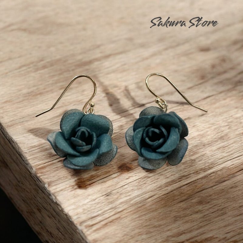 Leather flower earrings rose earrings - Items for Display - Genuine Leather Blue