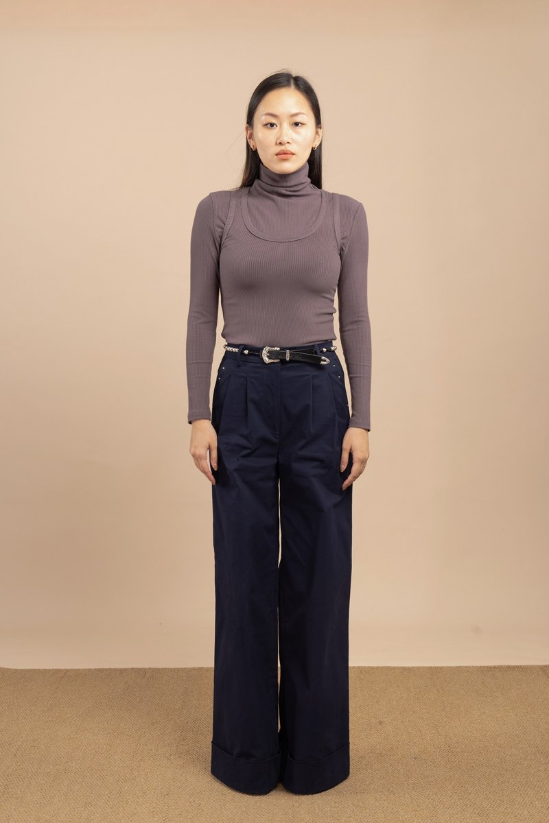摺腳闊褲  Wide leg cuffed hem trouser - 女長褲 - 其他材質 藍色