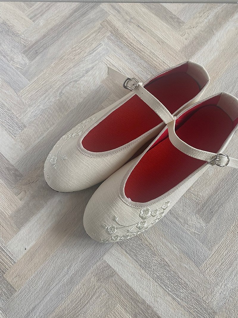 娃娃鞋 - 梅花 (米白色) - 芭蕾舞鞋/平底鞋 - 棉．麻 白色