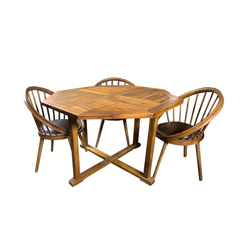 [Jidi City 100% teak furniture] DF011 (SET-1) octagonal folding table + pure cowhide cushion chair set - เฟอร์นิเจอร์อื่น ๆ - ไม้ สีนำ้ตาล