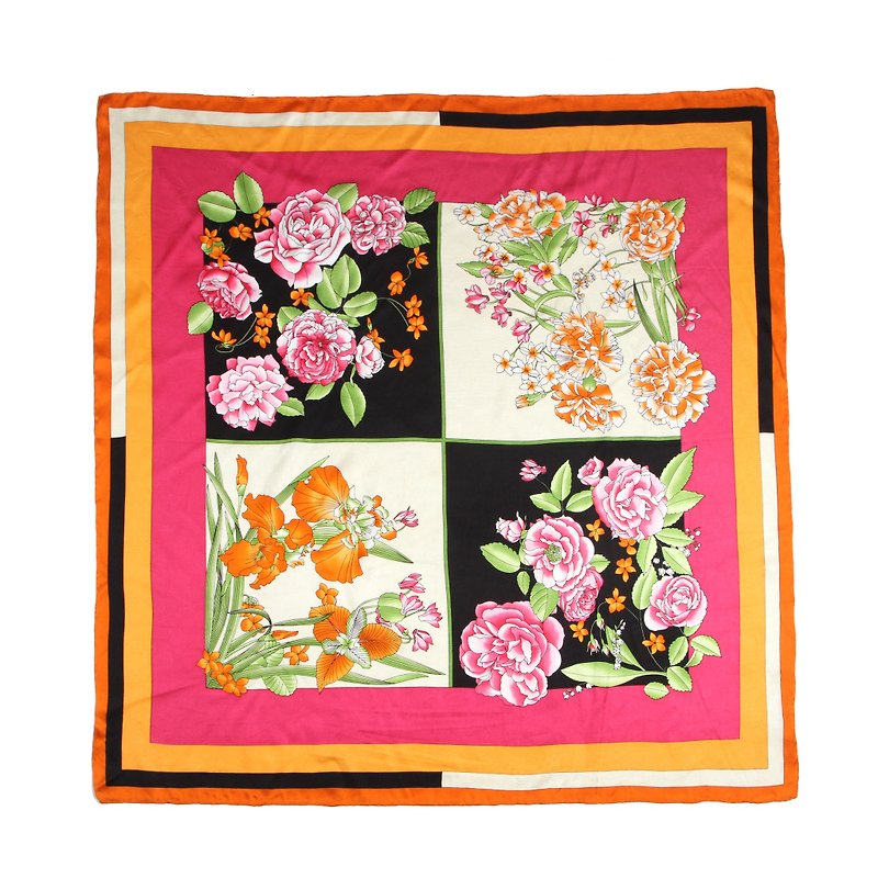 [Vintage] egg plant geometry floral printing vintage silk scarves - Scarves - Silk Multicolor
