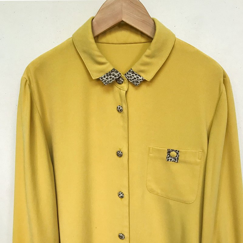 古著上衣 / 芥末黃拼豹紋領口及鈕扣長袖襯衫 - 恤衫 - 聚酯纖維 黃色