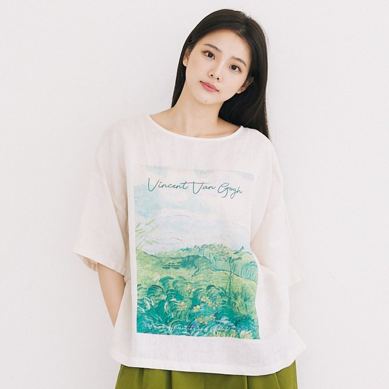 [シンプリーユアーズ] リネンプリントT-ウィートフィールドリネンF - Tシャツ - コットン・麻 多色