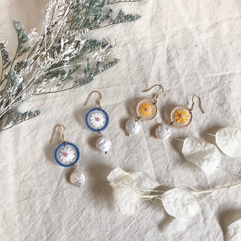 Hand-made embroidery // Daisy Garden Earrings in March // Can be changed to clip style - Earrings & Clip-ons - Thread Orange