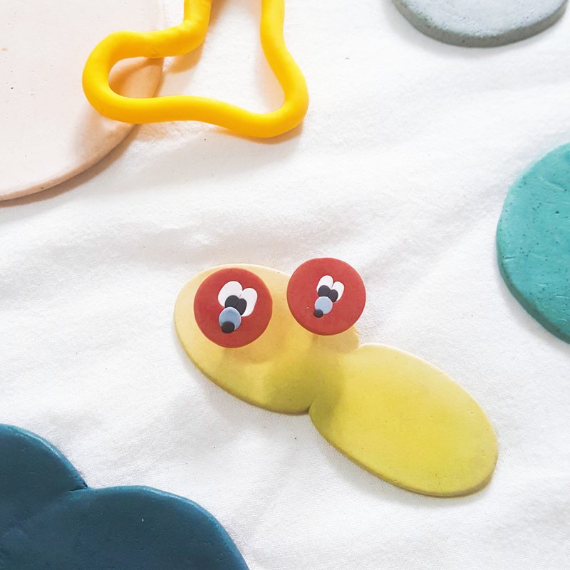 ㄎㄧㄤ系列 貼耳 耳環 - 橘圓 可愛 表情 耳針 耳釘 (可改 耳夾) - 耳環/耳夾/耳骨夾 - 黏土 紅色