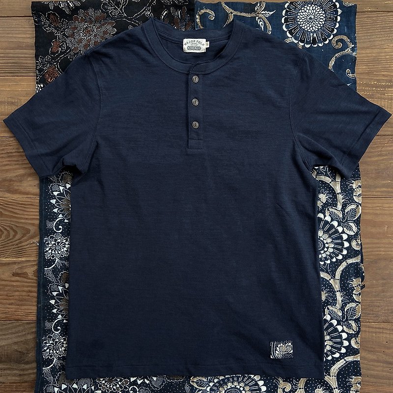Major Folk│Blue-dyed ancient cloth patchwork American retro navy blue Henry collar TEE - Men's T-Shirts & Tops - Cotton & Hemp Blue