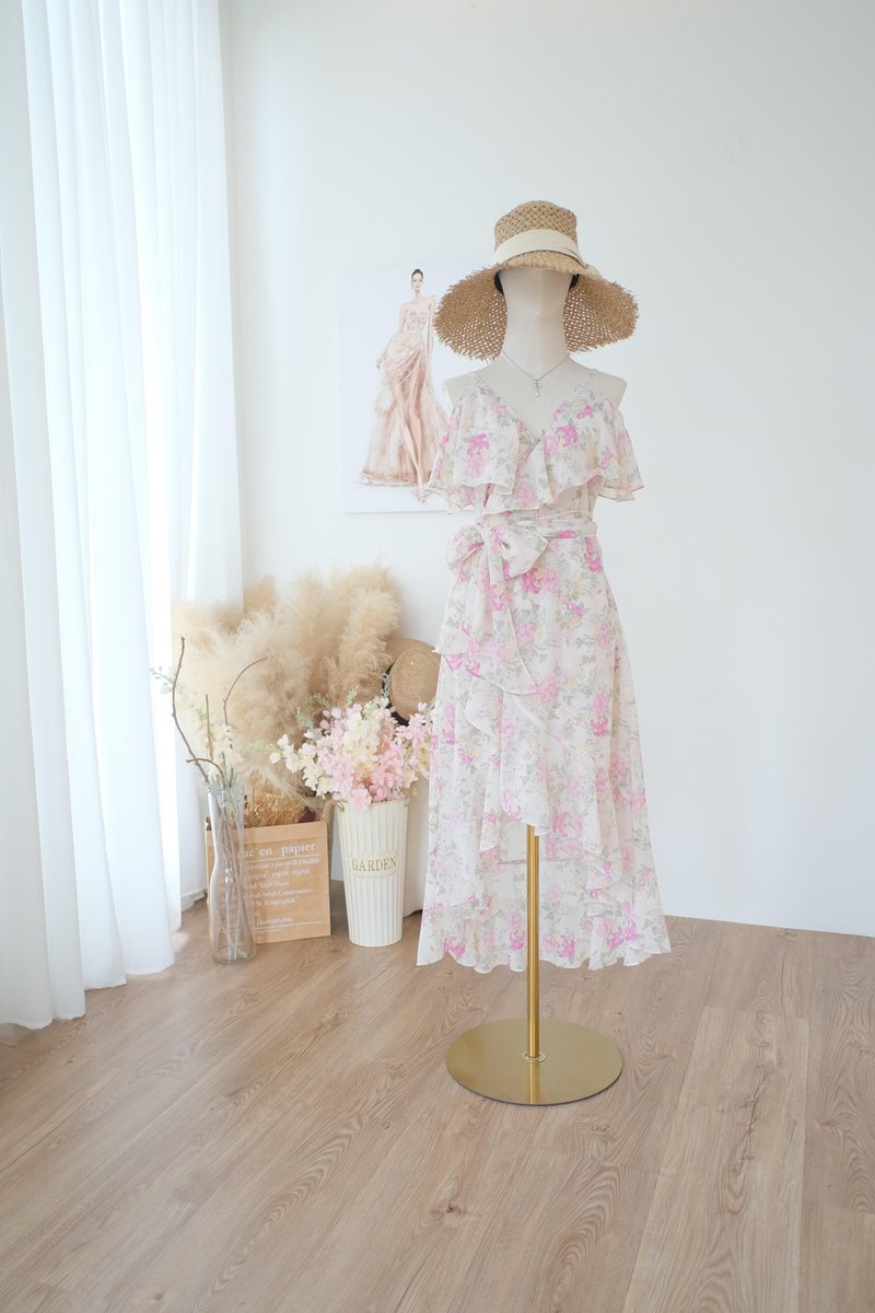 Floral bridesmaid dress Midi wrap dress Spring summer wedding dress Sundress - 洋裝/連身裙 - 聚酯纖維 粉紅色