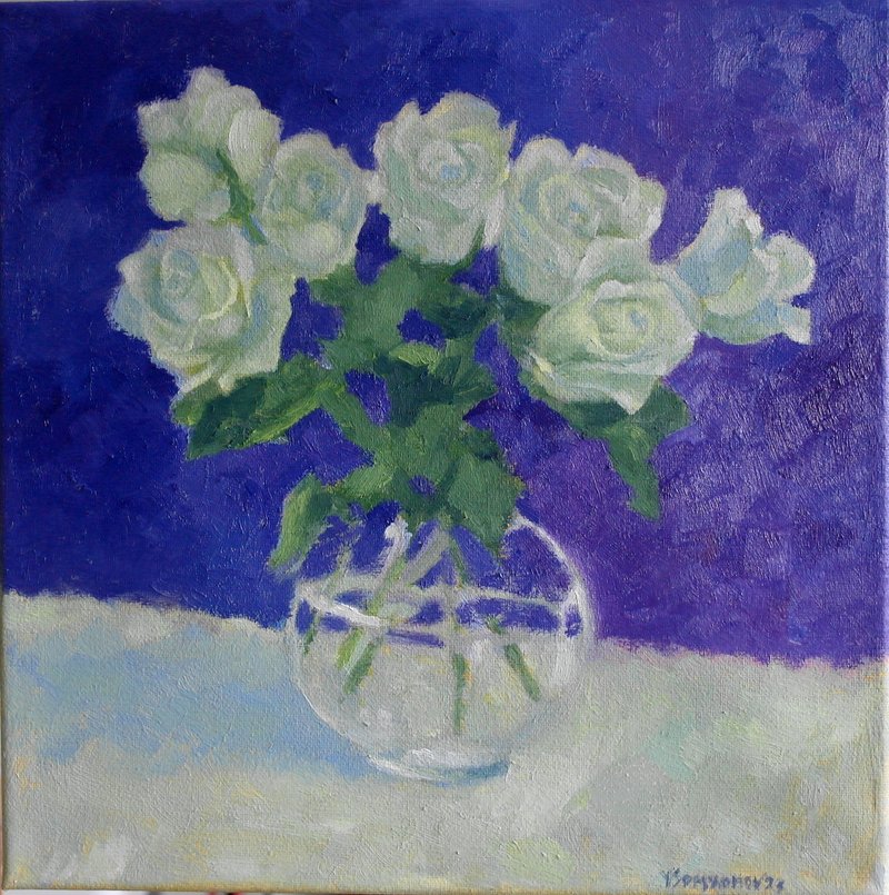 White Roses Flowers Original Art Oil Painting Wall Decor Beautiful Roses - 海報/掛畫/掛布 - 其他材質 多色