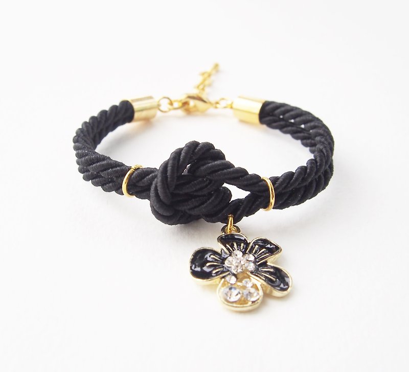 Black knot rope bracelet + flower charm - Bracelets - Other Materials Black