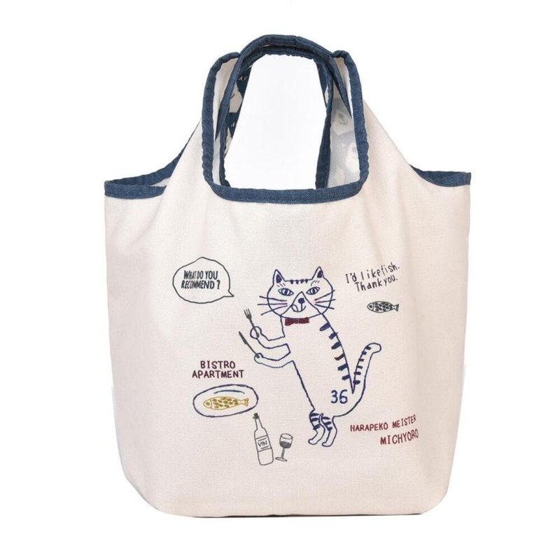 Kusuguru Japan Hungry Cat Michyoro canvas thick-soled handbag outing shopping bag-blue - Handbags & Totes - Polyester Blue