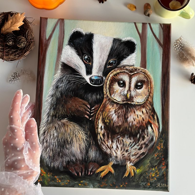 Original canvas painting Badger and Owl, Whimsical forest art, Woodland animals - Wall Décor - Cotton & Hemp Multicolor