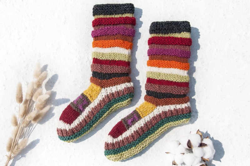 Hand-knitted wool knit socks/striped socks/wool crocheted stockings/warm socks - Nordic Fair Isle Candy - Socks - Wool Multicolor